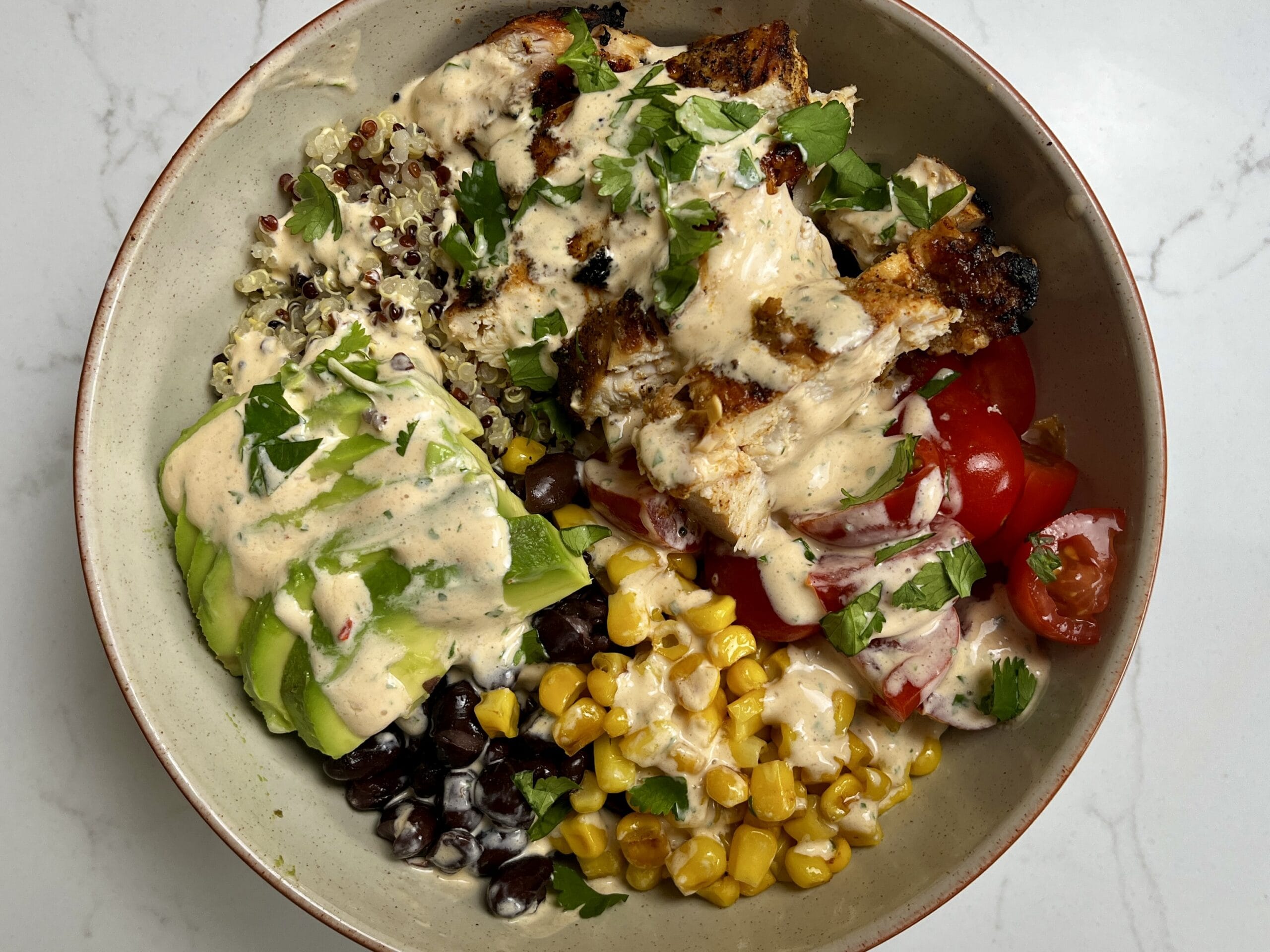 Southwest Chicken Quinoa Bowl with Chipotle Lime Crema