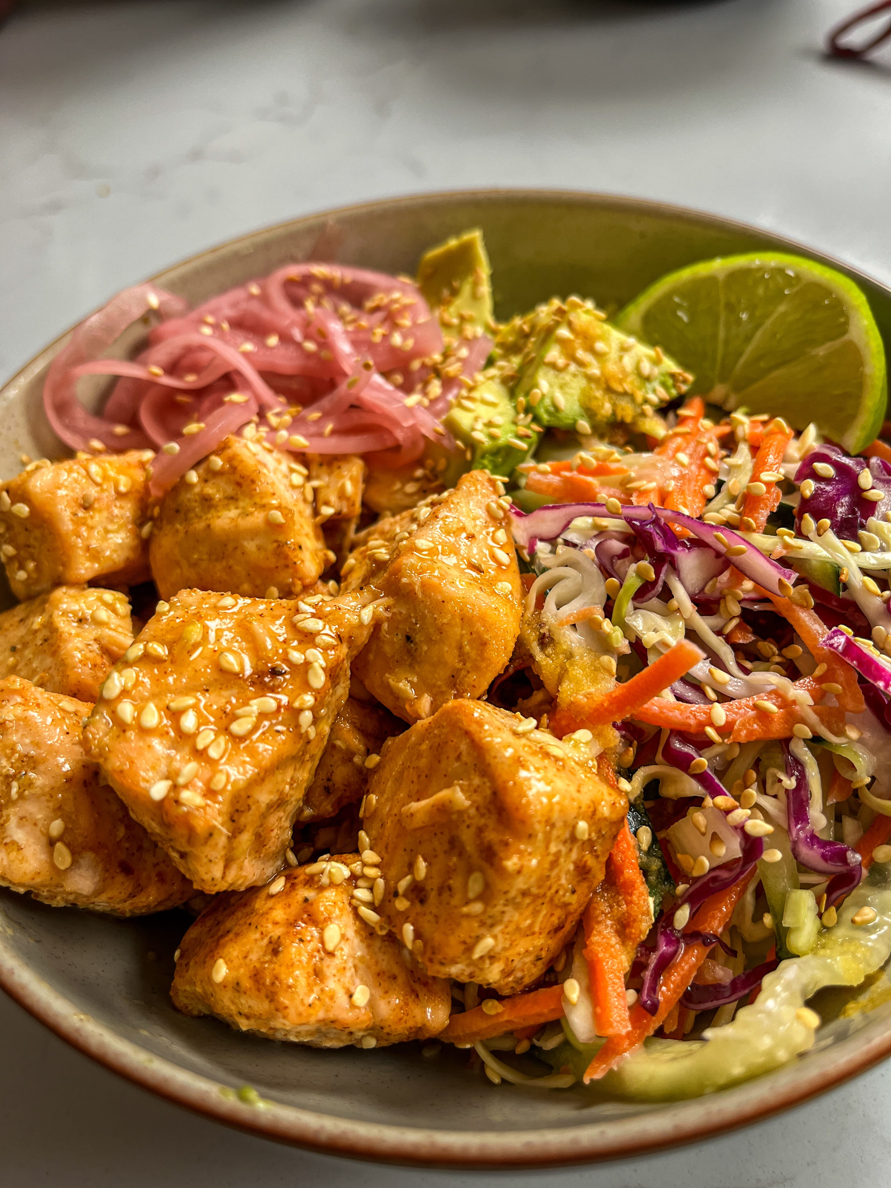 Hot Honey Salmon Bowls with Crunchy Lime Slaw